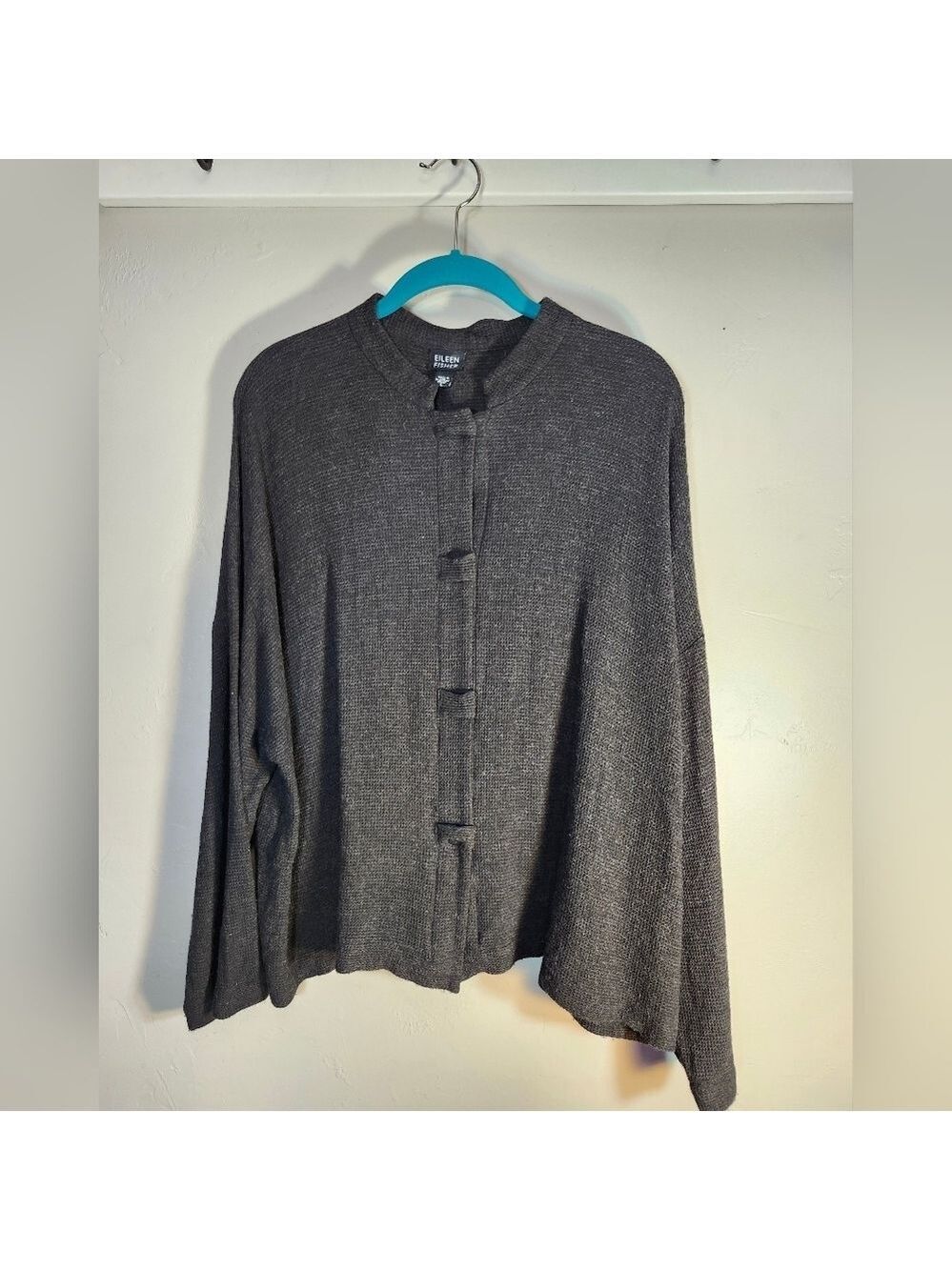 Eileen Fisher Black Waffle Texture Drop Shoulders Button-Up Cardigan Sz L